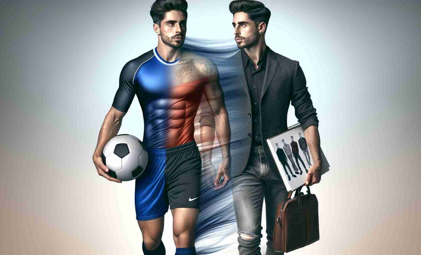 Realistic high-definition image of a concept 'From Goals to Garments'. Depict a sportsman, who used to be a professional soccer player and is now turning towards fashion. He should be athletic, with short dark hair. He should be holding a soccer ball in one hand and a sketchbook showing clothes designs in the other. The transition from his football attire to fashion designer attire should be visible, smoothly blending with a gradient from one into another throughout his body.