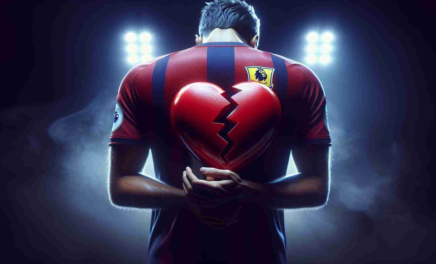 Realistic, high-definition image of a somber football scenario associated with an impending player transfer. The subject of the image should be a top league football club, suggested by a heart-shaped emblem prominent in the composition. Also, emphasize a focal player, though without direct identification, exhibiting emotions of leaving soon. The scene should resonate the sentiment of heartbreak.