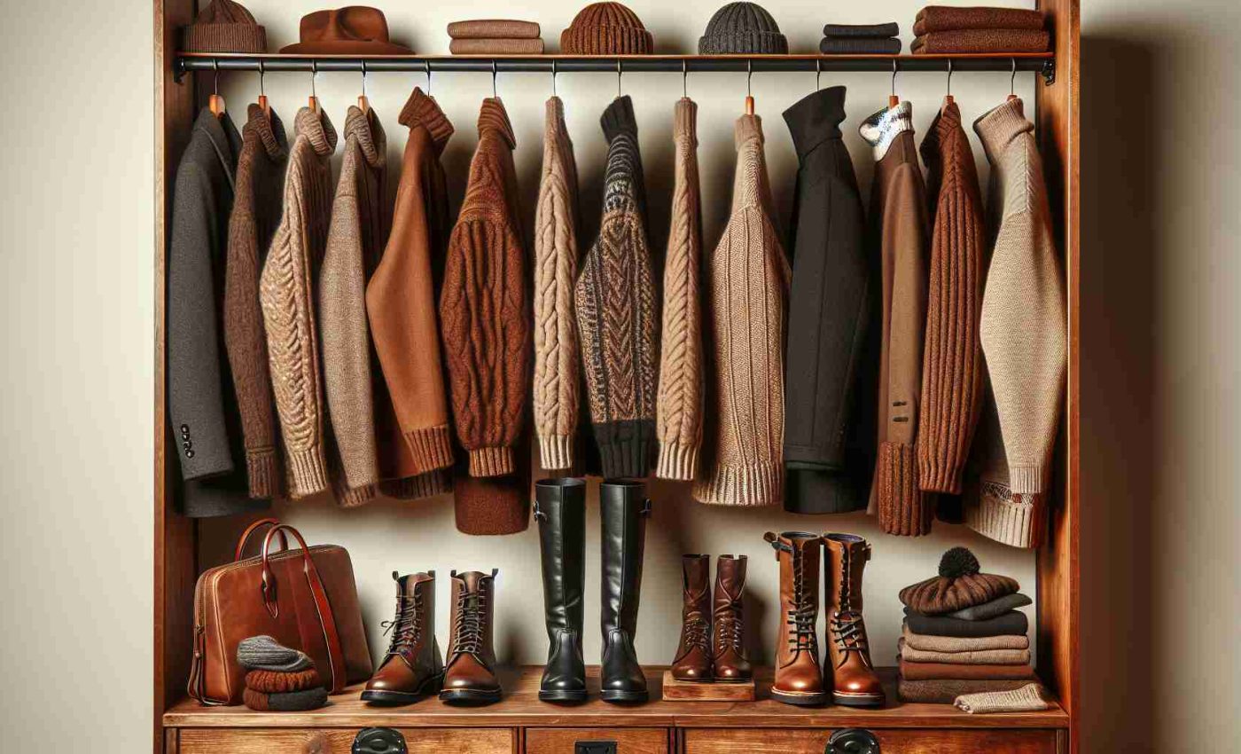 Generate a realistic, high-definition image showing a winter wardrobe being elevated by a timeless trend. This could involve pieces like classic woolen coats, knitted sweaters, and leather boots in rich earthy tones like brown, black or navy blue. The arrangements with popular clothes might include an array of cozy, warm clothing items such as scarves, gloves, and beanies being hung on a well-organized, mid-century style wooden wardrobe.