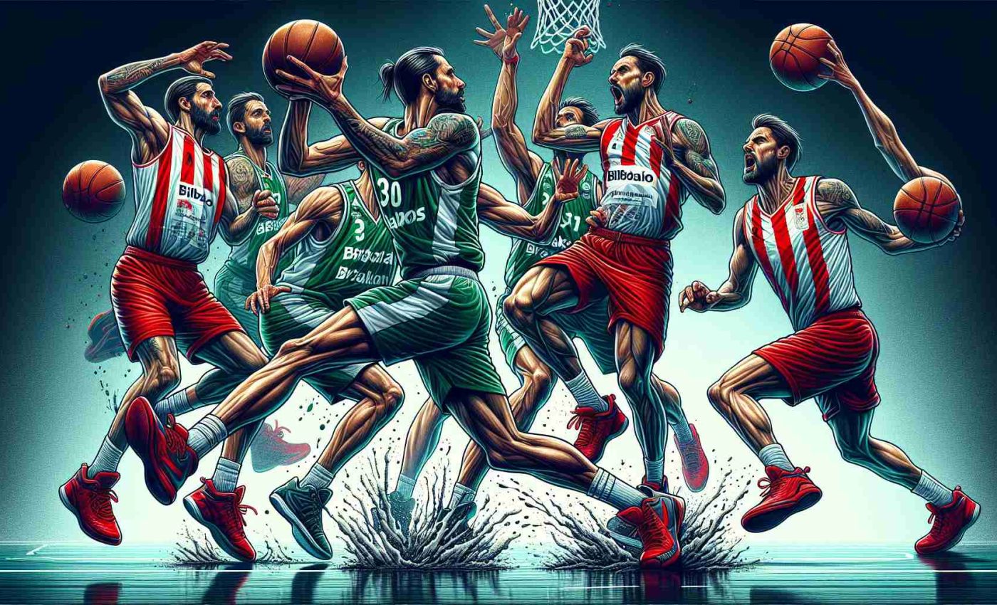 A high-definition illustration showcasing a heated basketball match. A team in red and white, representing Bilbao, is seen going head-to-head against their rivals, a team adorned in green, symbolizing Breogán. The atmosphere is electric, each of the players giving their all in a fight for survival, with the crowd watching with bated breath. Sweat spatters, balls in mid-flight, and dynamic player movements are visible.