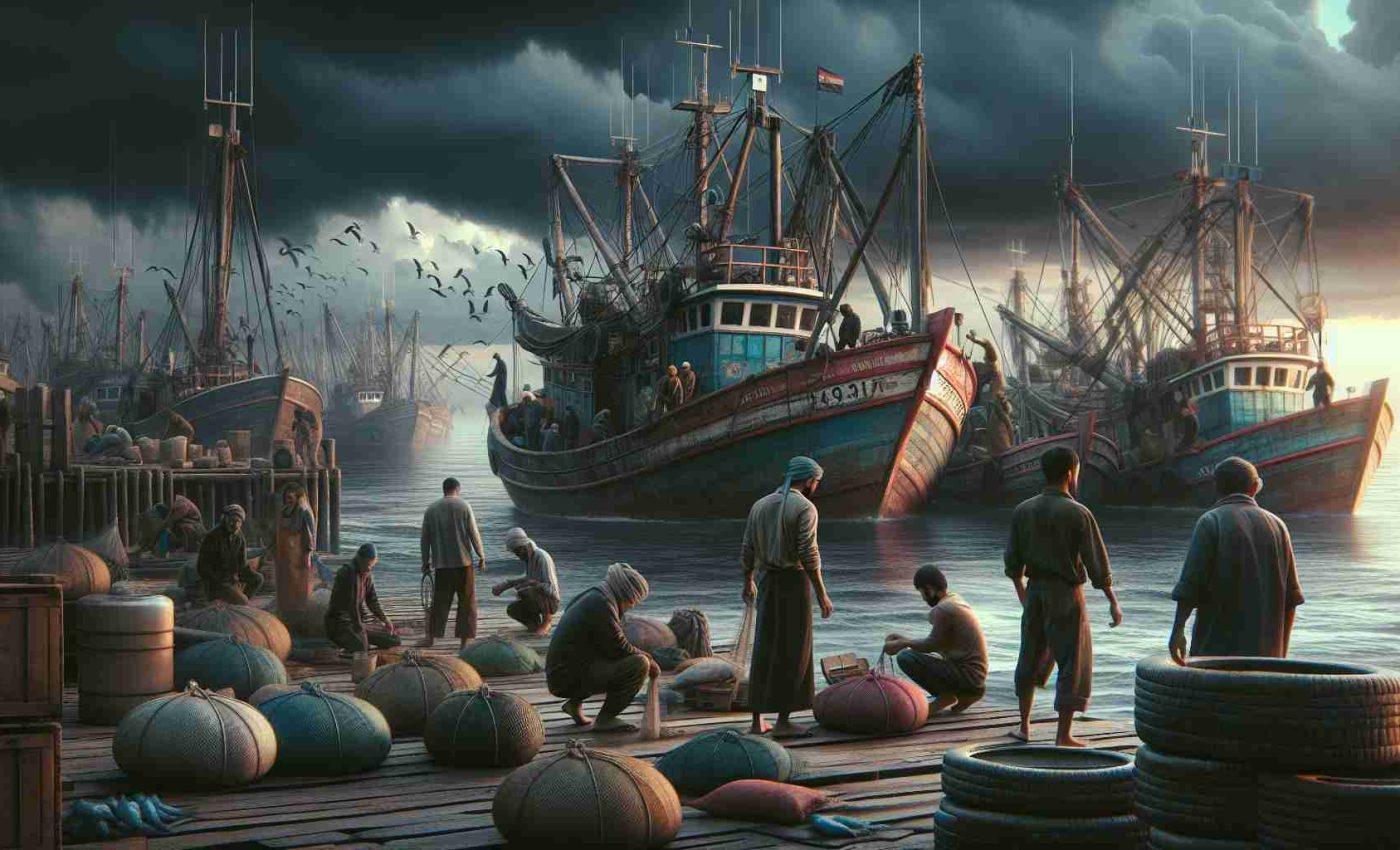 Create a realistic, high-definition image of a fishing boat docked at the harbor. A mixed crew of South Asian, Caucasian, and Black fishermen are seen preparing their gear. They all exhibit a sense of anticipation and urgency, hinting at a delayed departure. In the background, dark clouds are gathering, suggesting an impending storm, which raises the question - will the crew set sail soon?