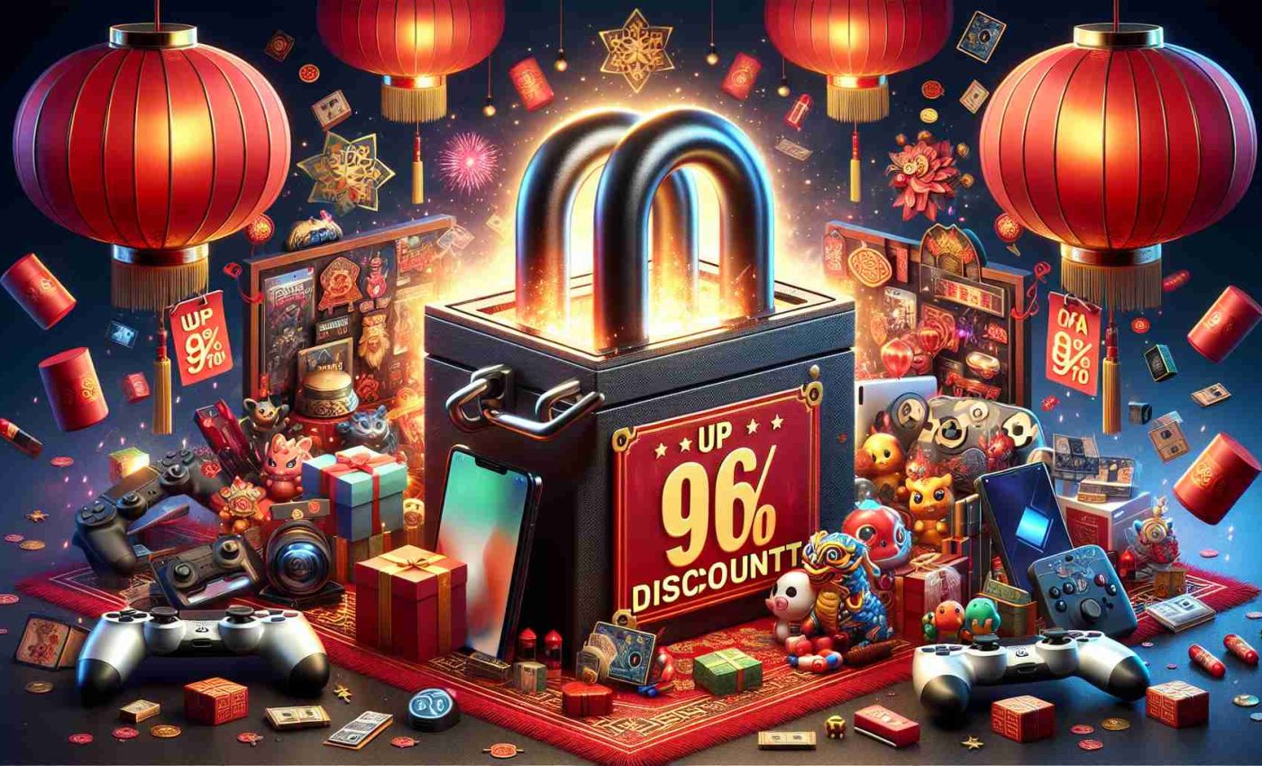 High-definition image concept of a Lunar New Year Sale, where locks are opened to reveal up to 96% discount on various items. The scene includes the theme of gaming and other products symbolised with game controllers, consoles, and other assorted merchandise. Celebratory elements of the Lunar New Year such as red lanterns, fireworks, and designs inspired by the zodiac animal of the year also fill the scene, creating an atmosphere of excitement and substantial savings.