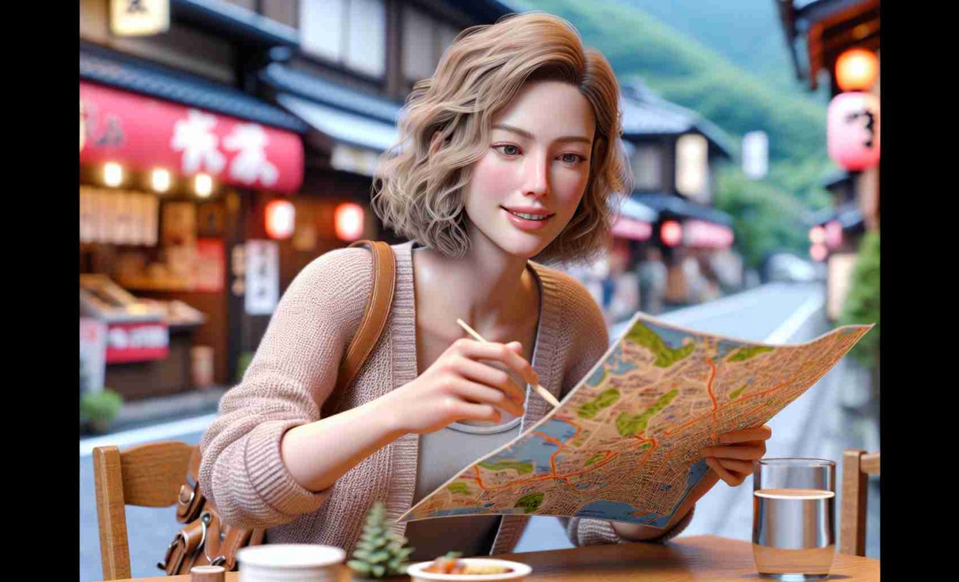 A realistic and high definition image of a Caucasian woman named Diane uncovering hidden gems in the region of Gunma, Japan. She is in pursuit of the best budget-friendly delicacies in the region. The image showcases her exploratory journey, perhaps holding a map while gazing at local food stalls or sitting in a charming local eatery, visibly delighted with her culinary discoveries.