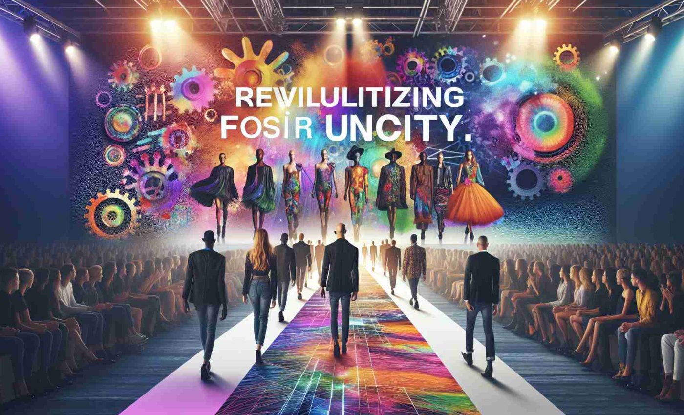 Generate a high-definition, realistic image capturing the concept of revolutionizing fashion for unity. Visualize how a designer merges artistry with advocacy, showing an inclusive array of models of various descents and genders, wearing innovative designs that symbolize unity. The background could be a vibrant runway, showcasing this powerful fusion of art, fashion, and social advocacy.