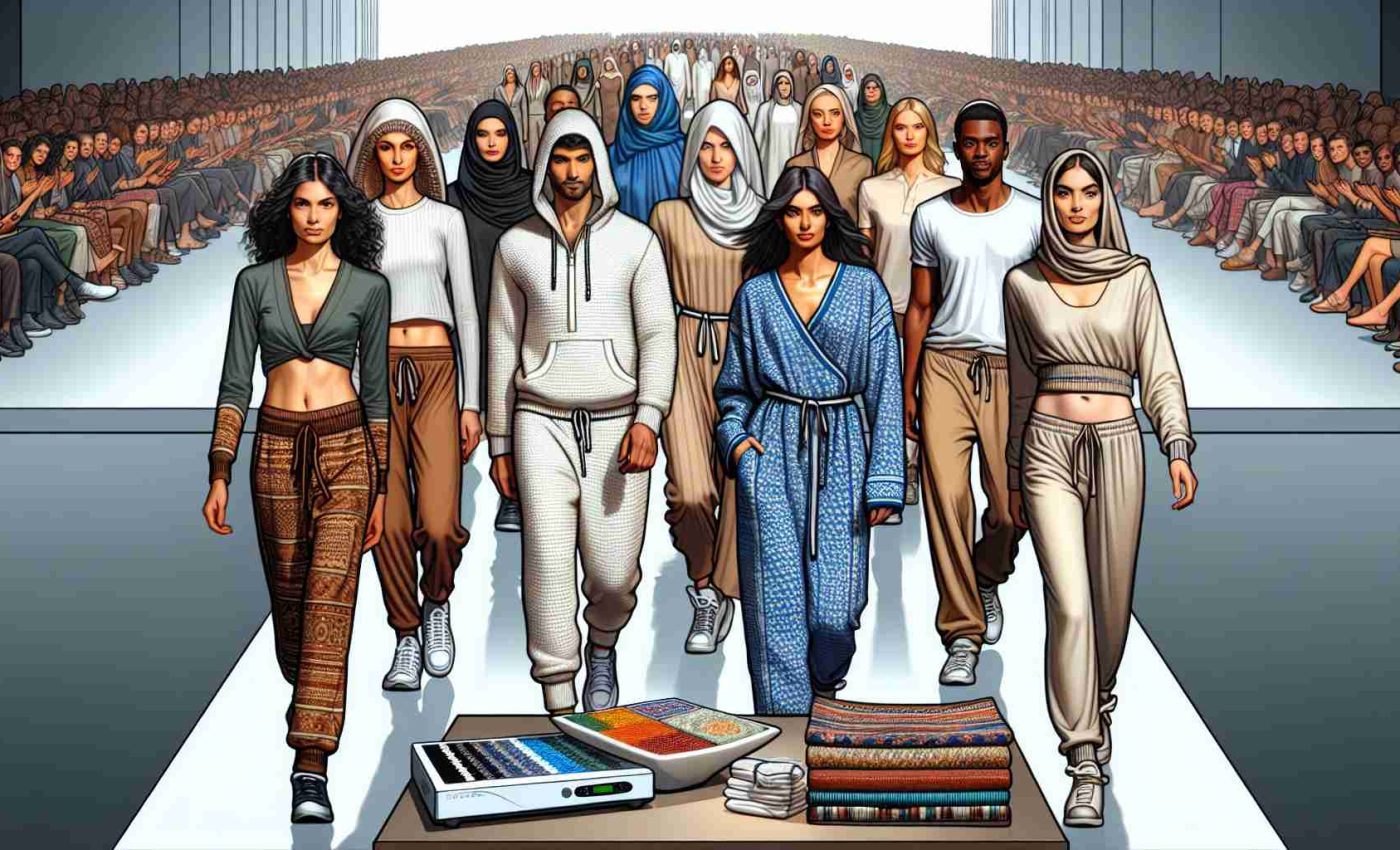 An HD image illustrating the concept of fashion revolution blending with home comfort. Picture a runway fashion show filled with models wearing comfortable yet stylish outfits, playing with textiles and patterns normally associated with home decor. Some models of varying ethnic backgrounds, including Middle-Eastern, Hispanic, and South Asian, grace the ramp. They are sporting loungewear designed with stylish cuts, luxurious fabrics, and stunning craftsmanship. The gender representation is equal, with both male and female models. The audience is filled with fashion enthusiasts, appreciating the seamless blend of comfort and style.