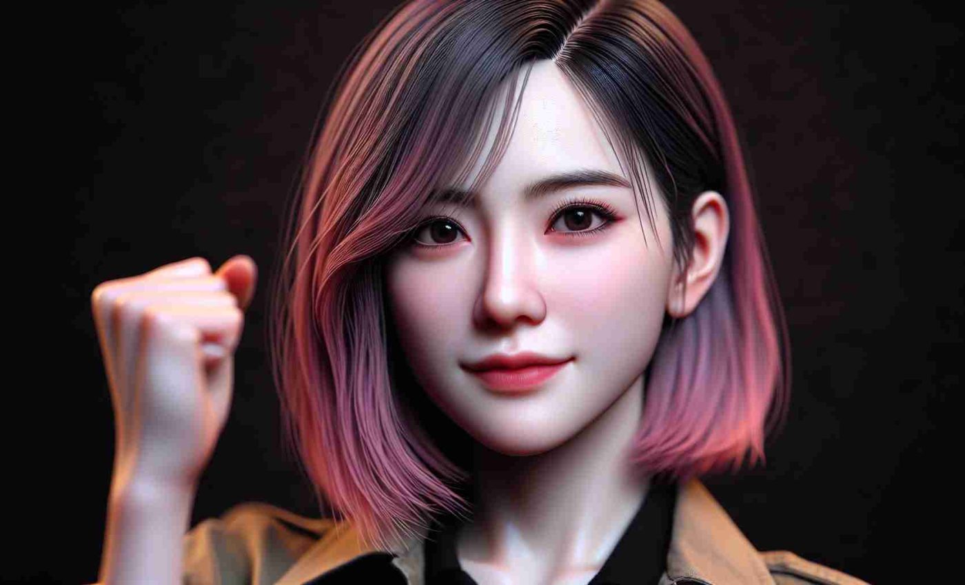 Realistic HD photo of a young female musician with a similar style to a popular South Korean vocalist. She has a delicate appearance with a hint of determination in her eyes. She's known for her signature hairstyle, which is dyed a vibrant pink. She's celebrating a major accomplishment in her career, which could be related to a hit album or song, making her very popular in the music industry.