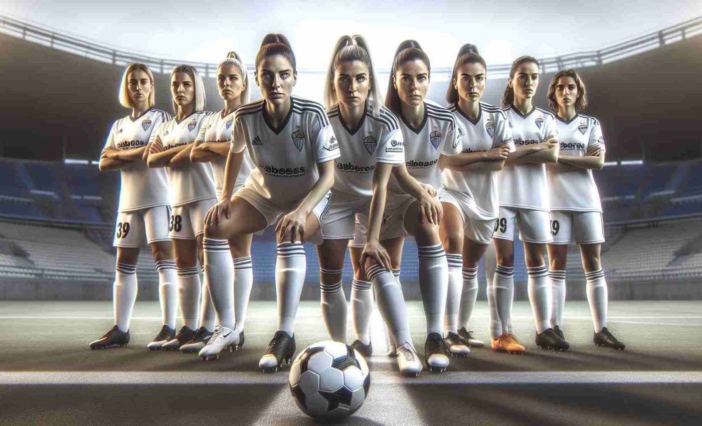 A detailed, high-definition image of a women's football team in white uniforms, their faces filled with expressions of determination and anticipation. They are posed in front of a clearly marked soccer field, a soccer ball placed at their feet suggesting the start of the match. In the background, the colors of their opposing team, Levante Badalona, can be seen, spurring them further into their state of focused readiness.