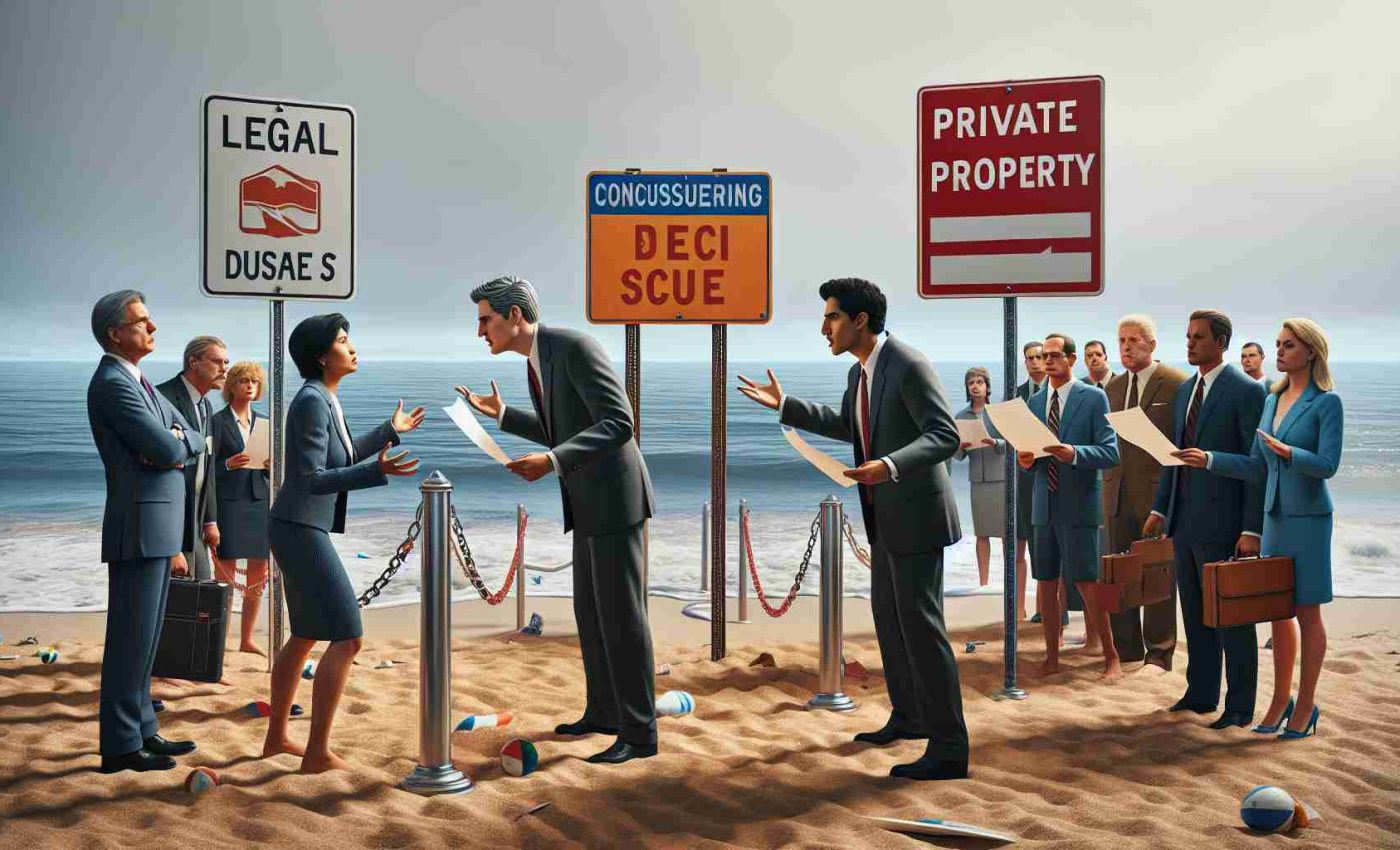 Realistic HD photo of the coastal dispute concerning public beach access. The scene depicts a disagreement between two politicians, a South Asian female and a Caucasian male, standing on the sandy shore next to noticeable signage indicating private property. They're engaged in a tense discussion, pointing at legal documents clutched in their hands. A crowd of onlookers of various descents watches from a distance.