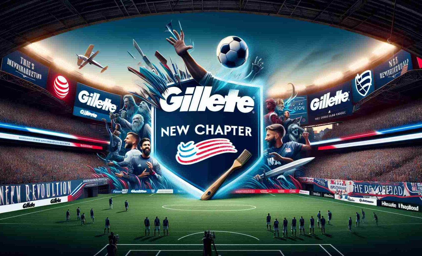 A high definition photo illustrating a new era in Major League Soccer sponsorship, represented symbolically by Gillette and the New England Revolution. Picture a scene where a new chapter is being forged, with prominent brand logos and symbols, in an atmosphere of sportsmanship, unity, and revolution. The setting is dynamically soccer-themed, with inference of advancement and innovation, which signifies the fresh chapter.