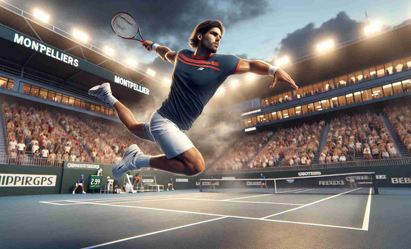 A high definition, realistic image of a professional tennis player making an unexpected attempt to make a comeback in a tennis match staged in Montpellier. The tennis player uses a surprise twist in their strategy, leaving spectators in awe.