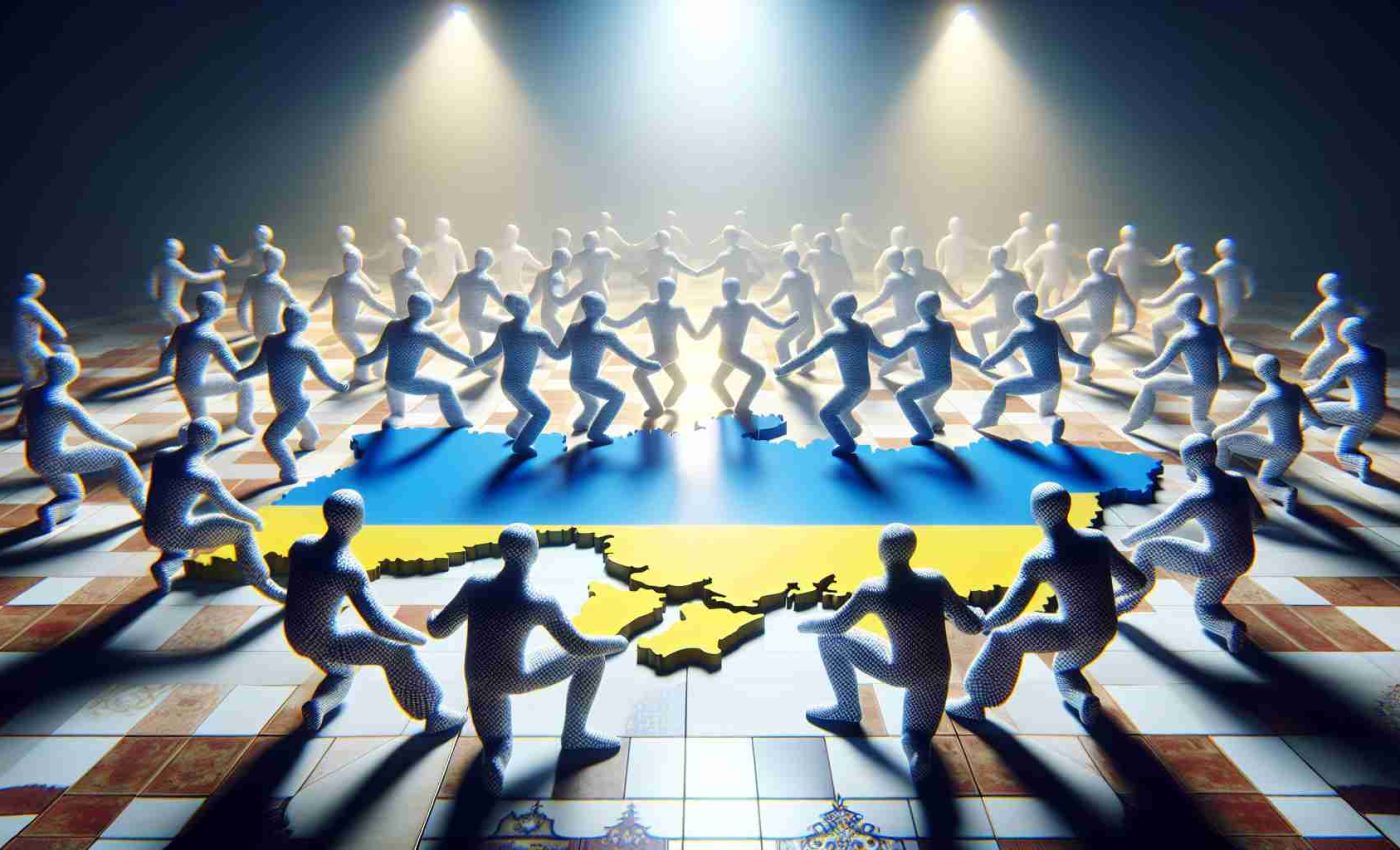 Render a hyper-realistic, high-definition image depicting a metaphorical situation. The setting is a dance floor symbolizing Ukraine. The dancers are faceless figures representing global powers who are each engaged in a riveting dance, symbolizing intrigues and power play. Please ensure the atmosphere is tense, filled with suspense, as if a risky gamble is unfolding.