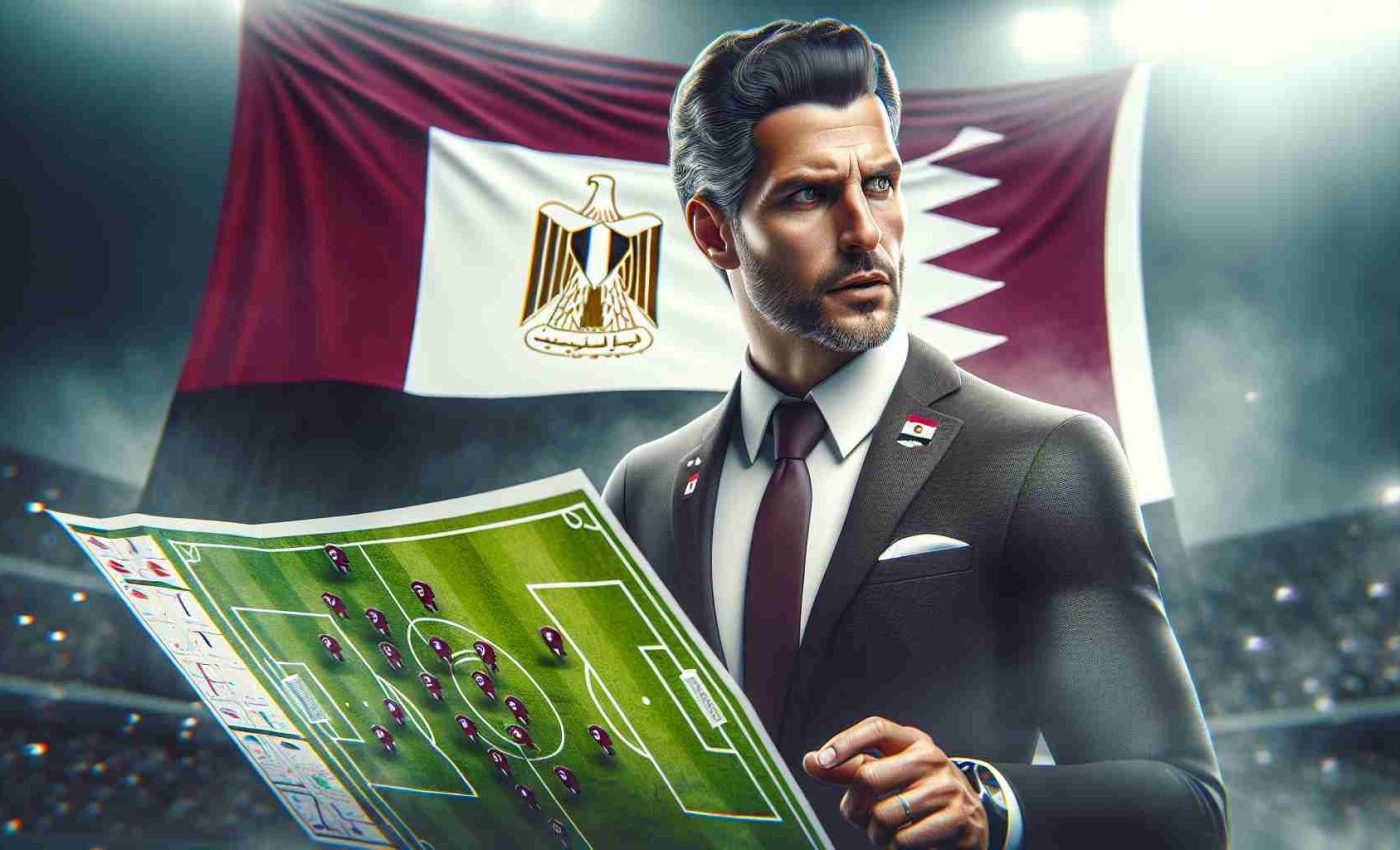 A realistic, high-definition image of a football coach from a renowned Egyptian team, expressing determination and anticipation for an exciting game ahead against a prominent Qatari team. The coach, a middle-aged Caucasian man with athletic build, is captured displaying a strategic map for upcoming plays, while team flags are subtly fluttering in the background.