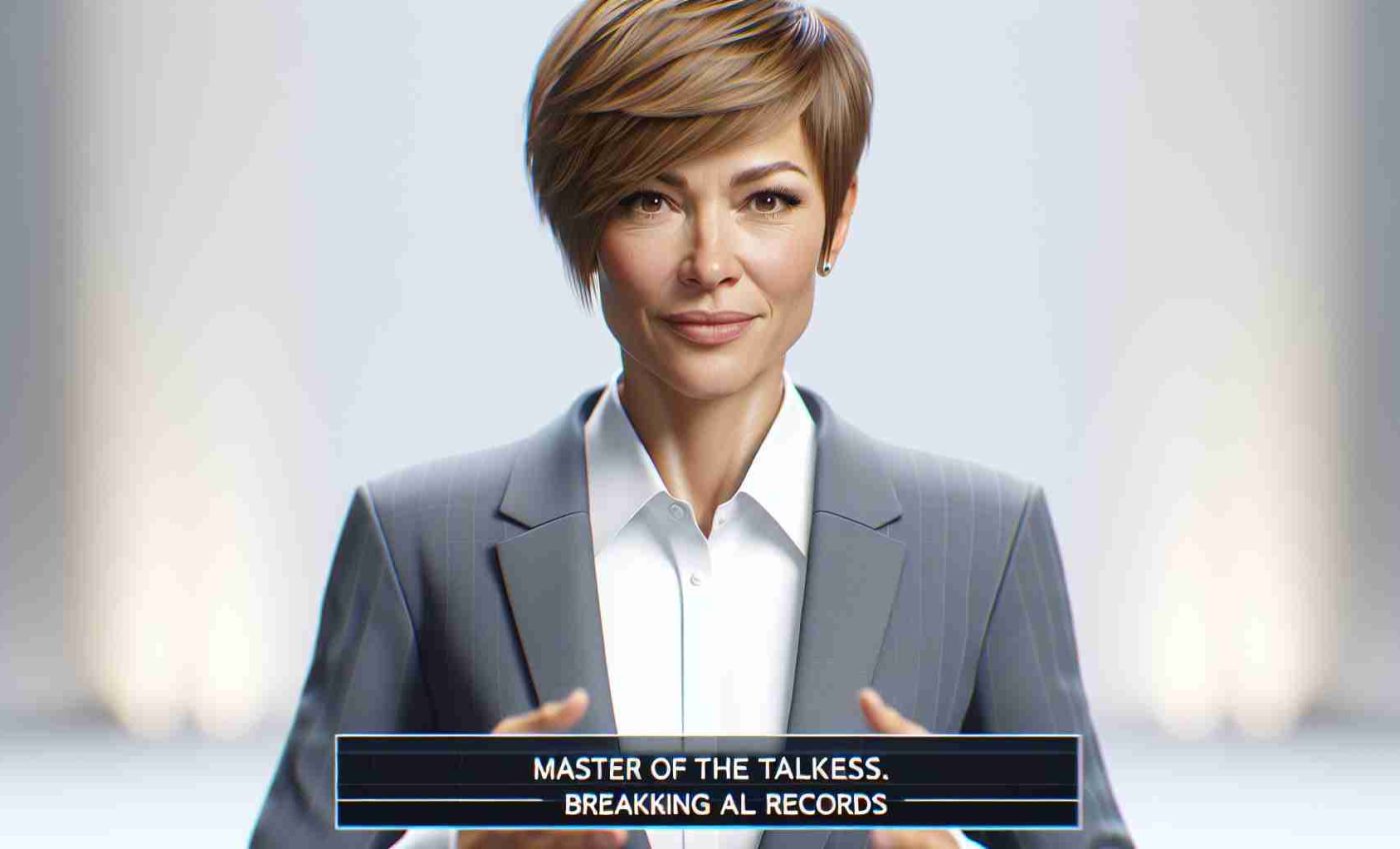 A realistic high-definition image of a middle-aged Caucasian woman with short light brown hair professionally dressed. She is presenting a talk show, positioning herself as the master of the talk format, breaking all records.