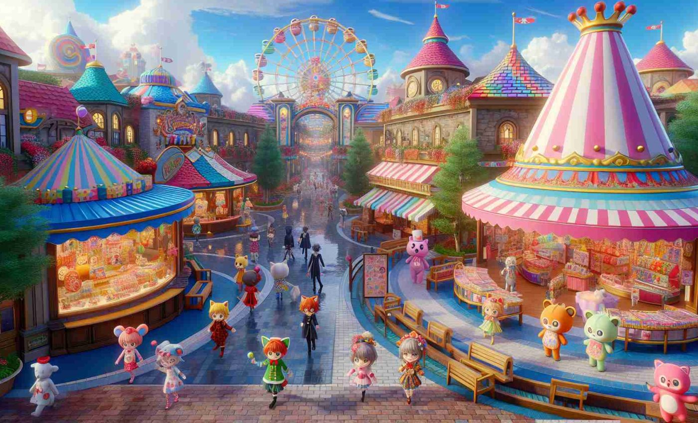 Create a high-definition, realistic image depicting the whimsical atmosphere of a themed park inspired by a classic anime. This should include vibrantly colored pavilions and rides, activity booths filled with merchandise and games, and costumes mascot wandering around. The overall aesthetic should feel fun and slightly chaotic, in line with the comedic genre of the anime. Please note that the characters and the anime's specifics should not be referenced or shown in any way.