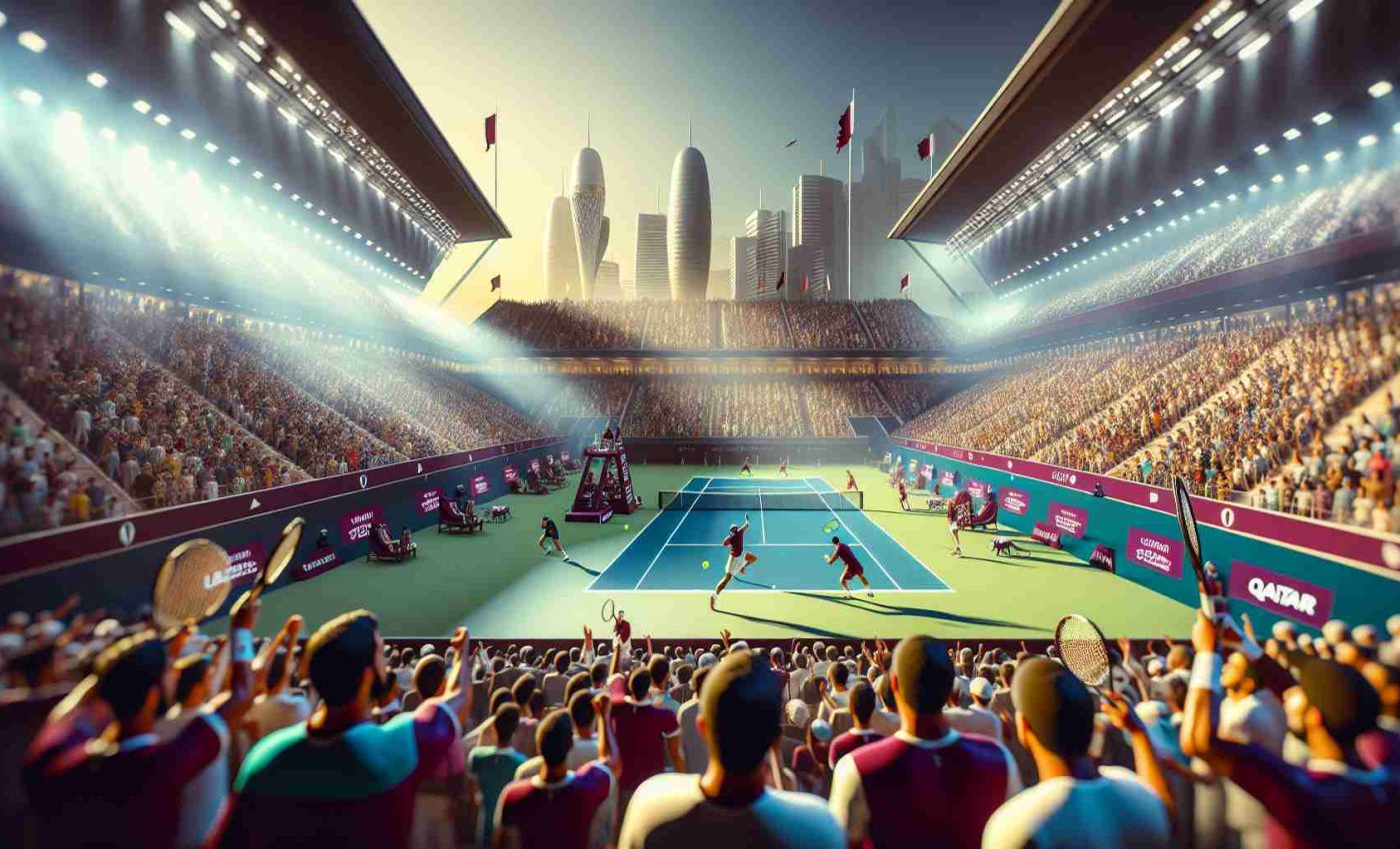 Realistic high-definition photo of a vibrant and thrilling tennis scene at the commencement of a generic 2025 international open tournament, which could be held in a location similar to Qatar. The image displays athletes locked in enthralling match-ups, focused crowd cheering passionately, and the atmosphere filled with suspense and buzz from the tense contests.