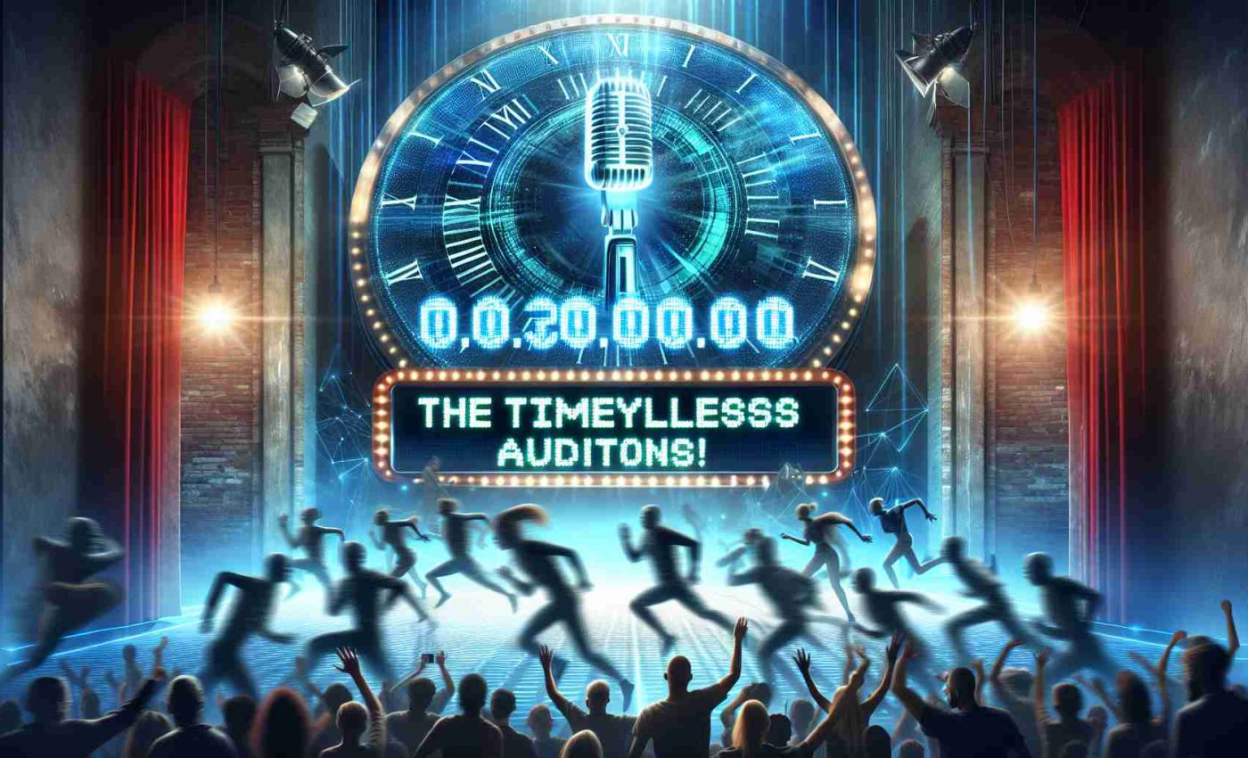 A highly detailed and realistic image representing the intense excitement and anticipation that is building as the countdown begins for an anonymous talent show audition. The atmosphere is electric with cheers, and a giant digital countdown clock prominently displayed in the background is rapidly counting down. Rushing performers are preparing in the wings, anxiously practicing their parts, alongside a proudly displayed banner with the phrase 'The Timeless Audition Begins!'