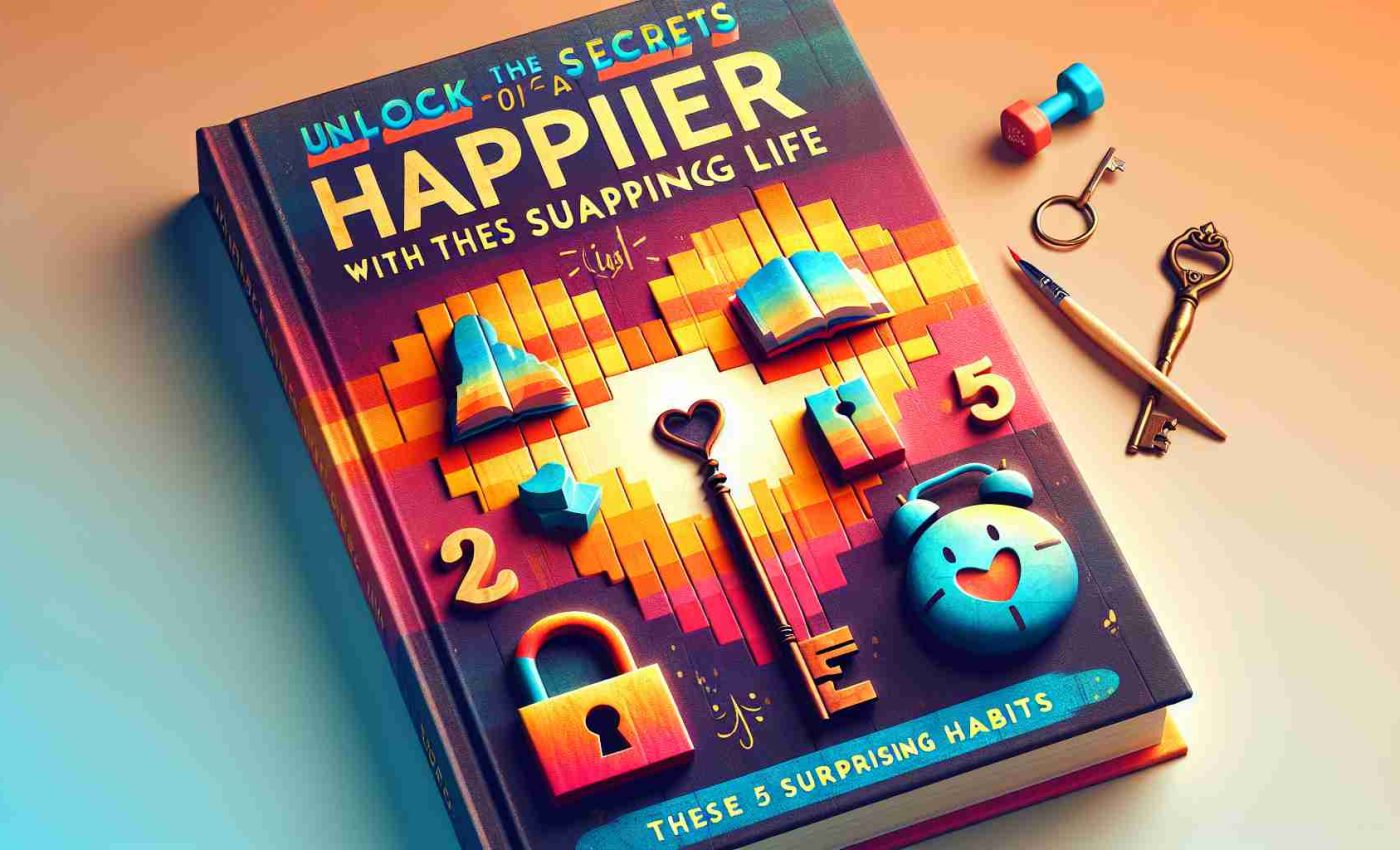 An image resembling the cover of a self-help guide, titled 'Unlock the Secrets to a Happier Life with These 5 Surprising Habits'. The cover is bathed in warm, inviting colors, possibly a gradient of sunset hues. The title is written in bold, transfixing fonts, accompanied by an image, perhaps a stylized key unlocking a heart-shaped lock to symbolize the 'secrets' mentioned in the book title. Each of the five habits is represented symbolically. For instance, an open book might denote continuous learning, a dumbbell for regular exercise, a paintbrush for creativity, a clock for time management, and a smiling face to suggest a positive mindset. The overall composition should be balanced, aesthetically pleasing, and visually compelling.