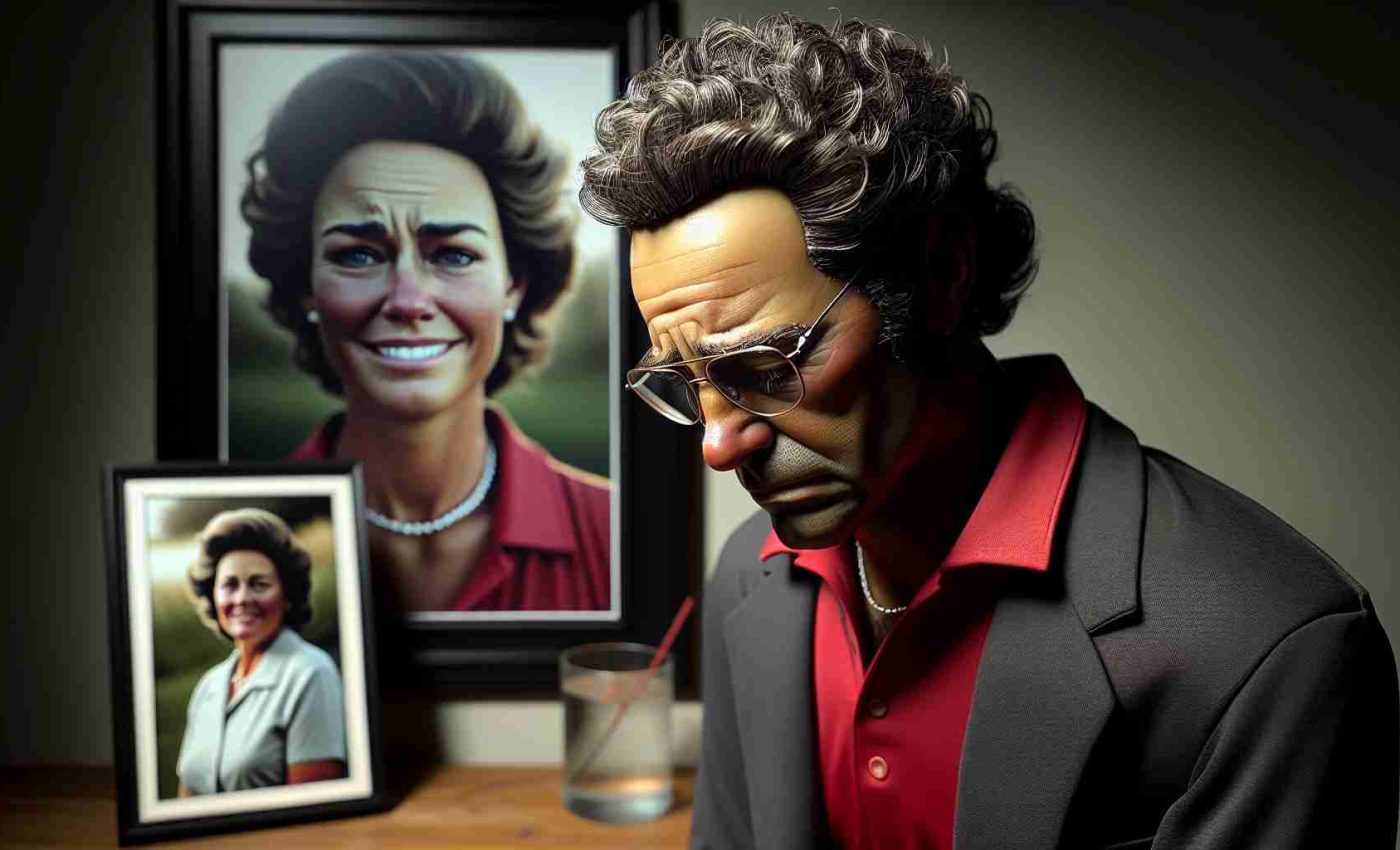 A sorrowful scene of a Caucasian male professional golfer, bespectacled, in his mid-40s with tight curly hair mourning the loss of his beloved mother. He is dressed in his professional attire - a red shirt, black trousers, and his iconic black cap. His face is a canvas of despair and loss. The setting is quiet, reflective, with dim ambient lighting, perhaps a peacefully lit room at home. His mother's photo is displayed in a beautiful picture frame on the table next to him, with her gentle smiling face visible. A realistic, highly detailed depiction capturing the essence of a heartbreaking loss.